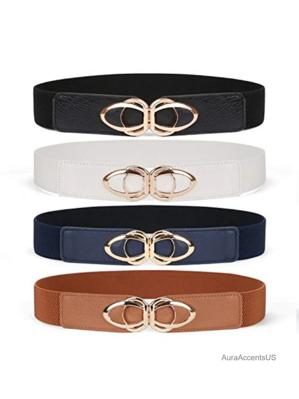 4 Pack Thin Elastic Belts Skinny Stretch Vintage Waistband Dress Gold Buckle